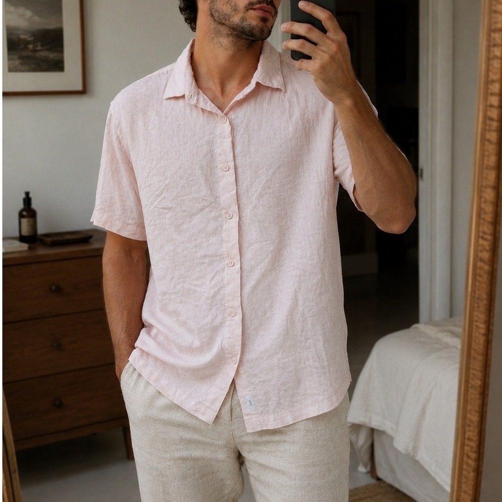 Onia Mens Linen Short Sleeve Button Down Shirt Size Large Pink Casual Breathable